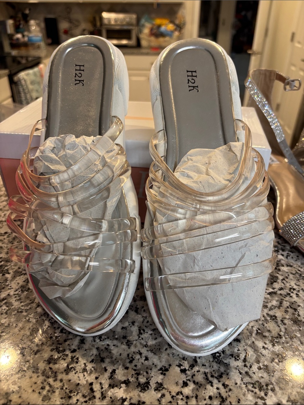 H2K Silver Clear-Strap Slide Mules